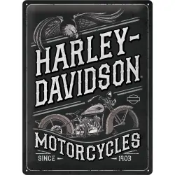 Metalowy szyld "Harley-Davidson" z klasycznym modelem.